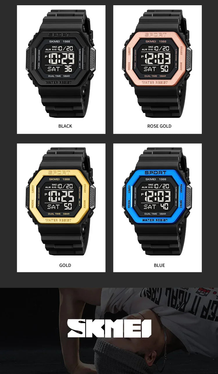 Reloj deportivo Digital SKMEI 1988 para Hombre, pantalla LED, relojes de pulsera militares con cuenta atrás, Reloj impermeable para Hombre 1628