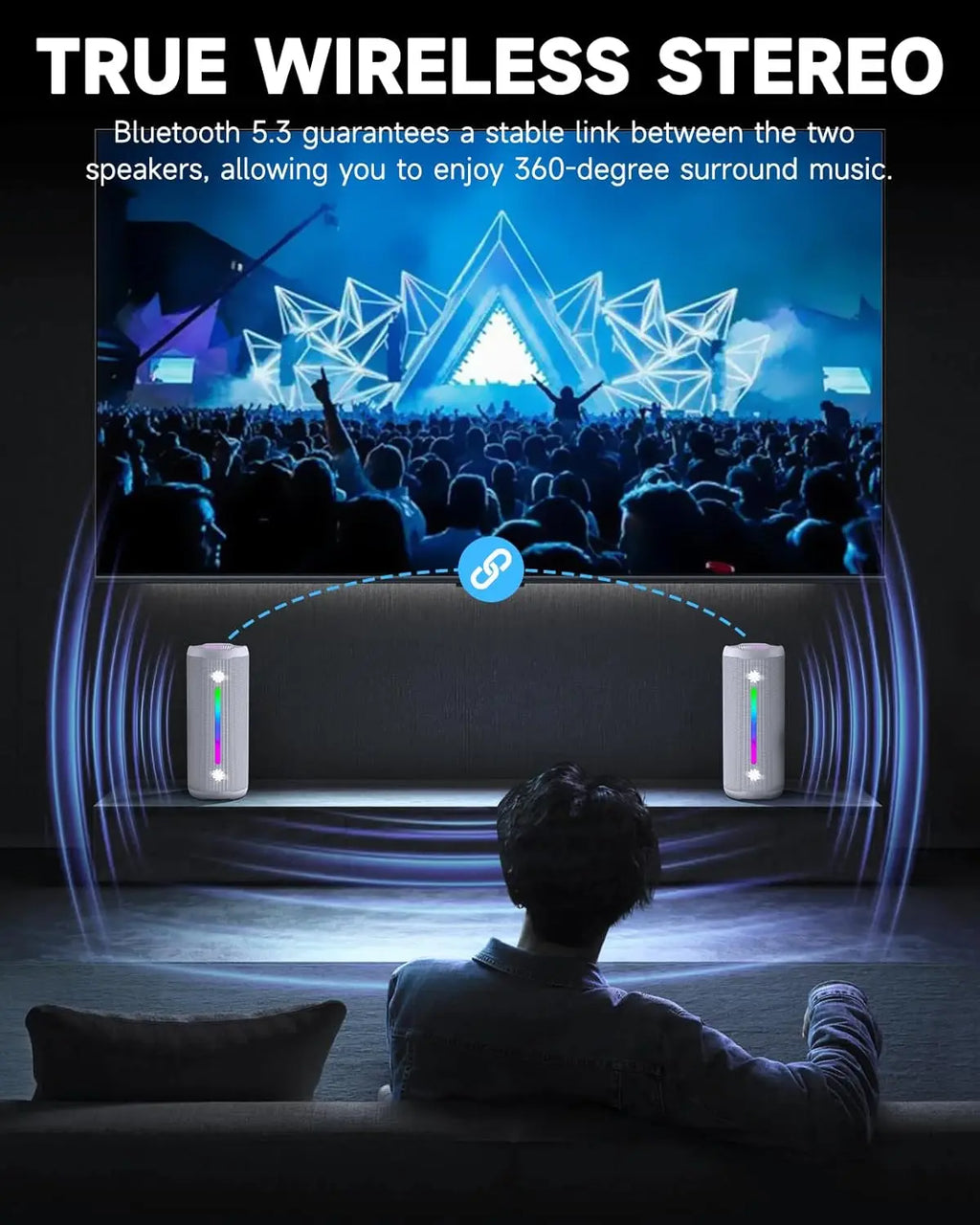 Altavoz Bluetooth, Altavoces portátiles con audio inmersivo, Luces LED, Tiempo de reproducción 24H, Bluetooth 5.3, Soporte TWS TF USB, Resistente al agua