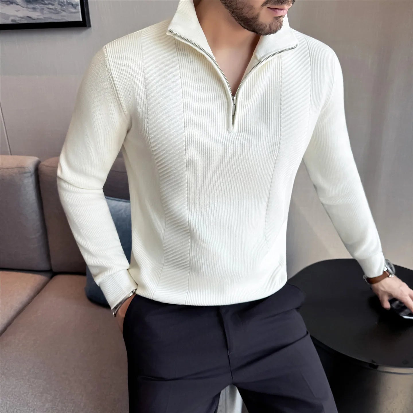 Suéter de Punto con Media Cremallera para Hombre - Cuello Semialto