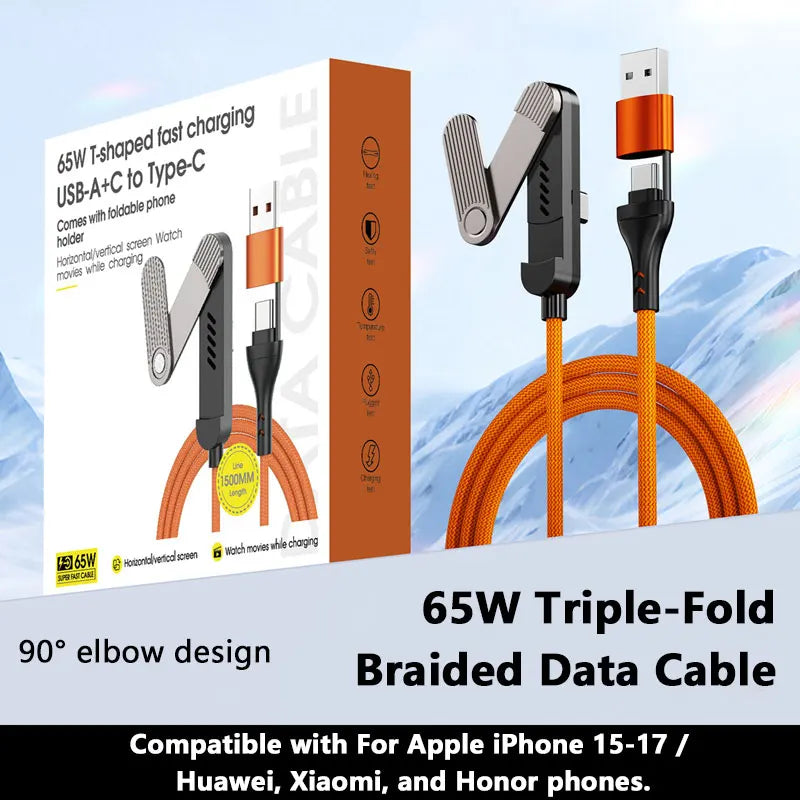 Cable de Carga Retráctil 3 en 1 de 65W con Soporte Plegable