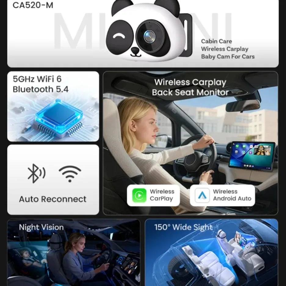 Adaptador Inalámbrico CarPlay Cabin Care, Cámara para Auto HD 1080P para Bebés, 150 °   Monitor de visión nocturna gran angular con pantalla dividida para el asiento trasero