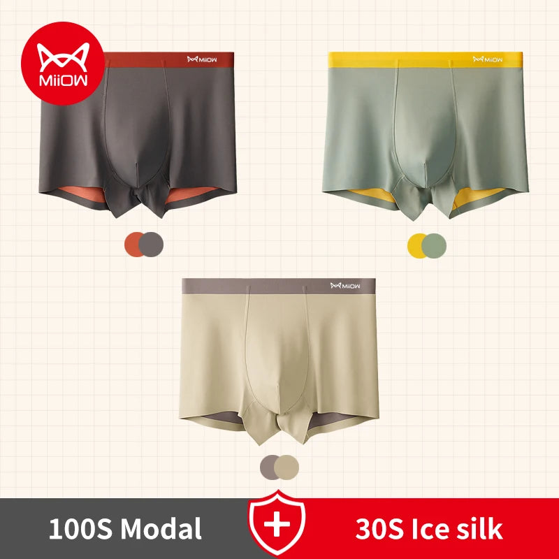 MiiOW-bóxer de Modal para hombre, ropa interior de seda de hielo, doble cara, sin costuras, Nude, antibacteriano, 3 piezas, 100S