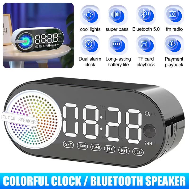 Radio Reloj Despertador Recargable USB, Altavoz Bluetooth Portátil RGB, FM, Pantalla Grande, Silencioso, Espejo Digital, para Dormitorio, Oficina, Escritorio