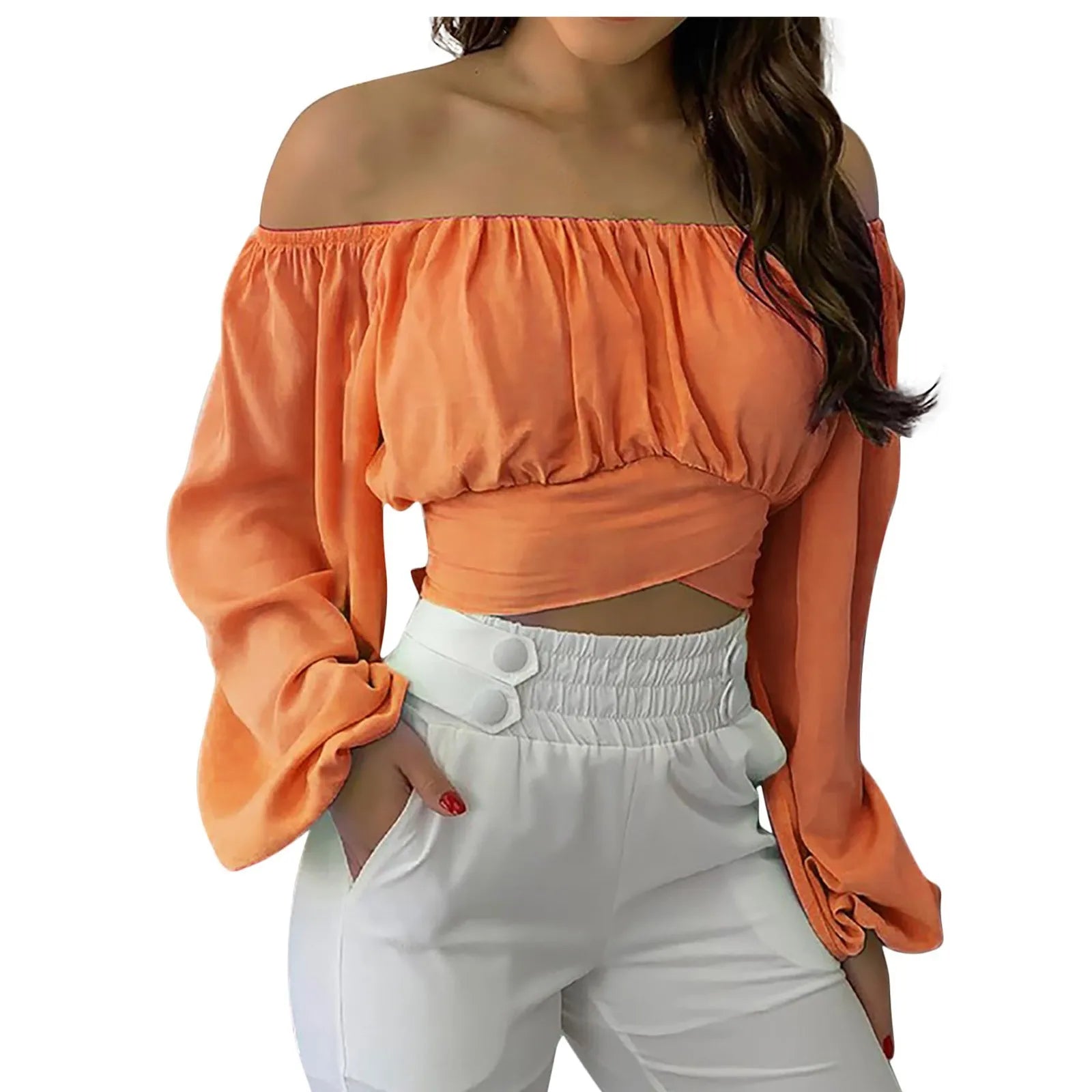 Blusa con Hombros Descubiertos y Lazo de Manga Larga