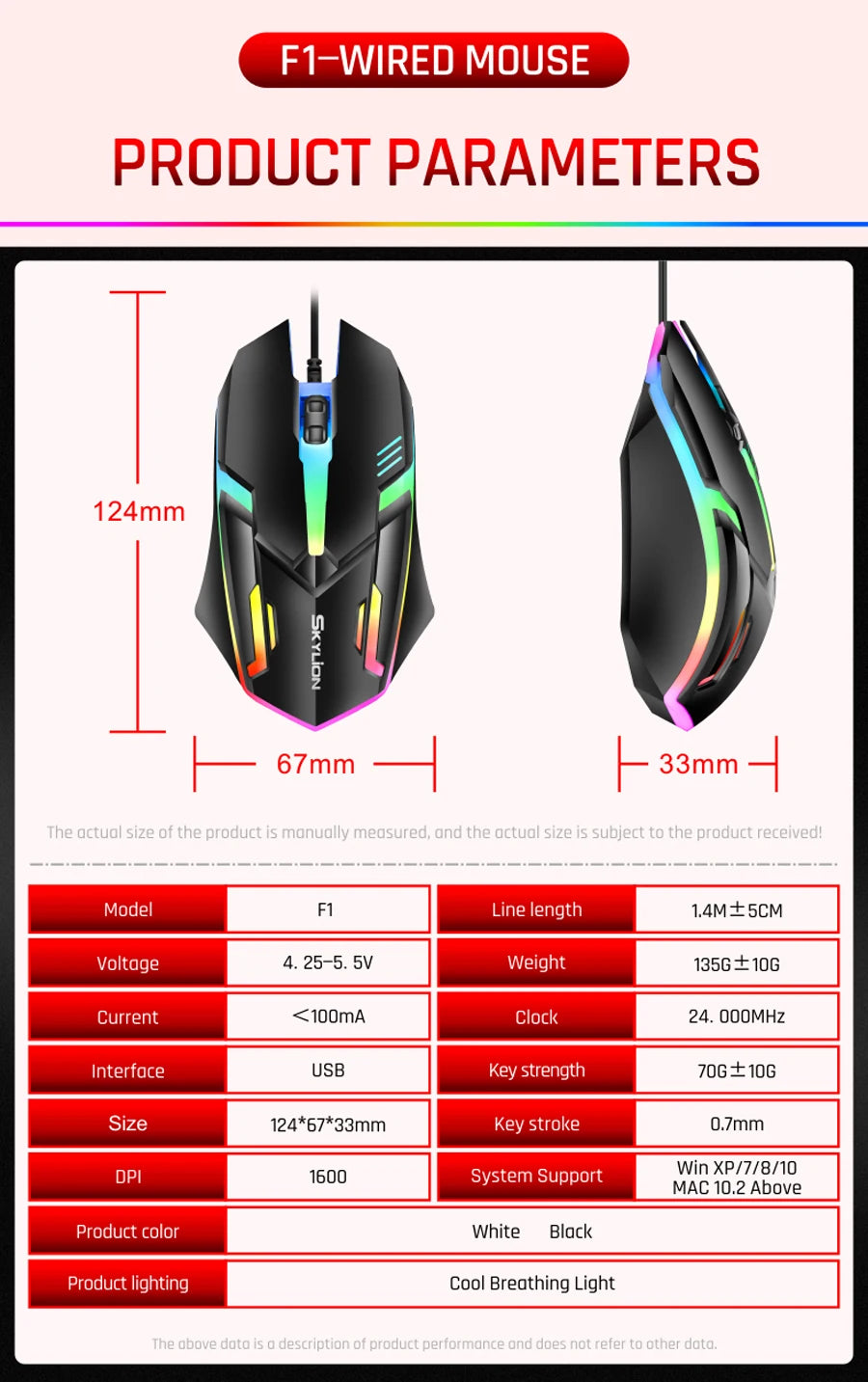 Ratón F1 con cable para juegos y oficina, periférico de 3 teclas con iluminación colorida para Microsoft Windows y Apple IOS