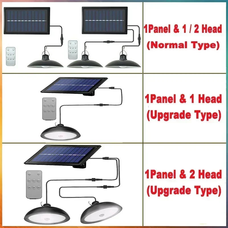 Lámpara solar para exteriores, lámpara LED impermeable, decoraciones de luz colgante de doble cabeza con control remoto para cobertizo interior, granero Roo