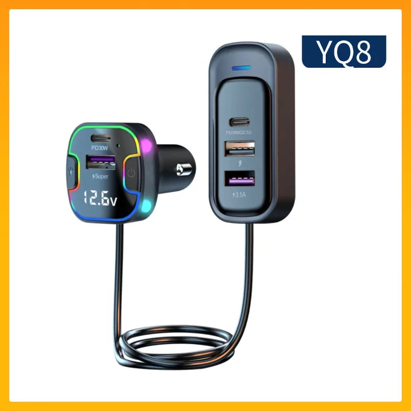 Cargador de Auto PD30W 5 Puertos con USB-C y Extensión para Asientos Traseros