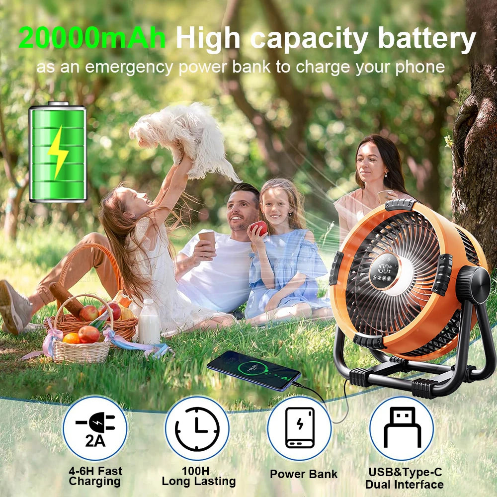 Ventilador de Camping Portátil Recargable con Luz LED