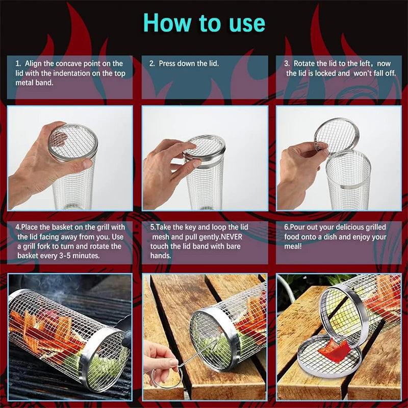 Tubo de red para barbacoa, cesta rodante portátil para asar, cesta cilíndrica de malla de alambre de acero inoxidable para barbacoa al aire libre, Camping JT462