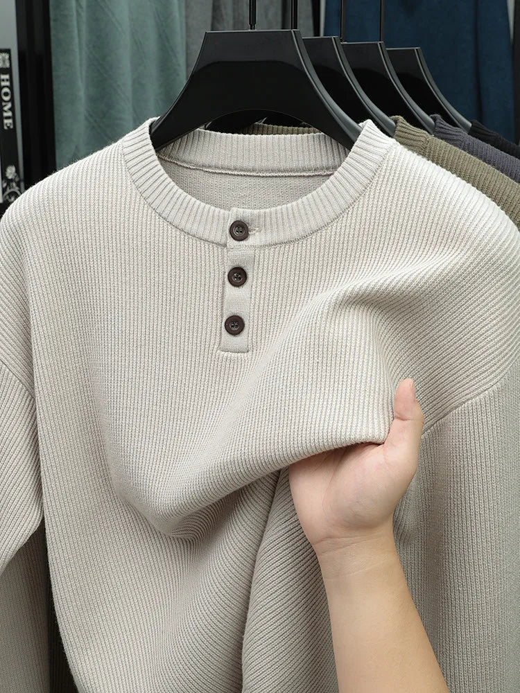 Suéter de punto Henley de peso pesado de 500 g para hombre - Beige (caqui/negro/gris/verde) Otoño Invierno esencial    Toque suave