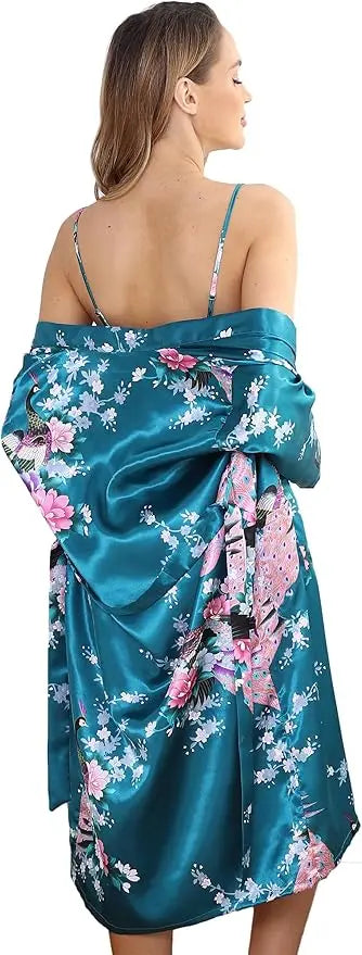 Conjunto de camisón y kimono de satén floral para mujer con camisola, ropa de dormir de 2 piezas, albornoz de pavo real