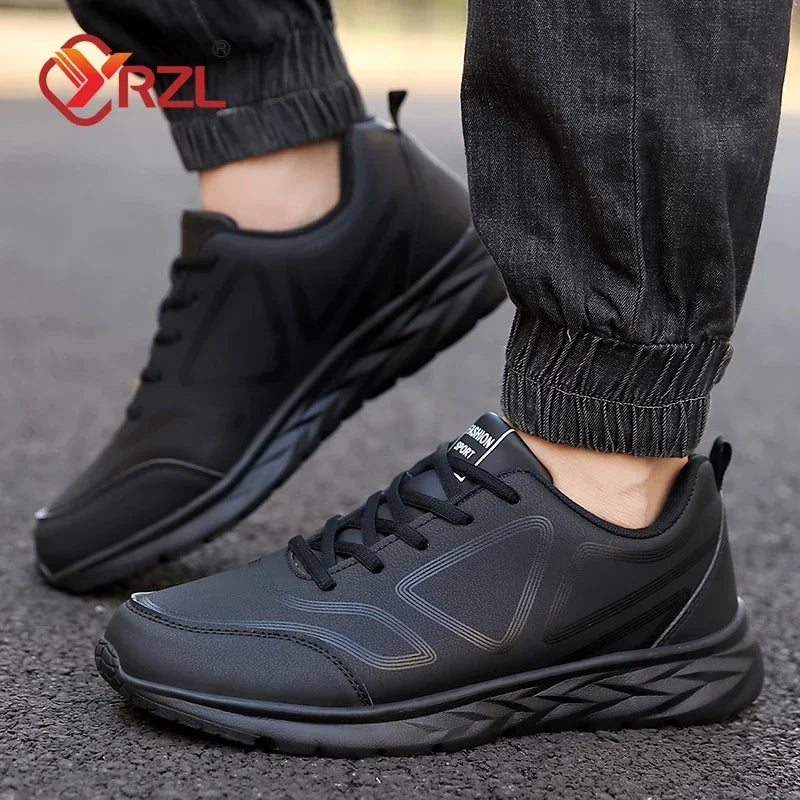 YRZL-Zapatillas deportivas impermeables de cuero para hombre, zapatos deportivos cómodos para caminar, resistentes al desgaste, color negro