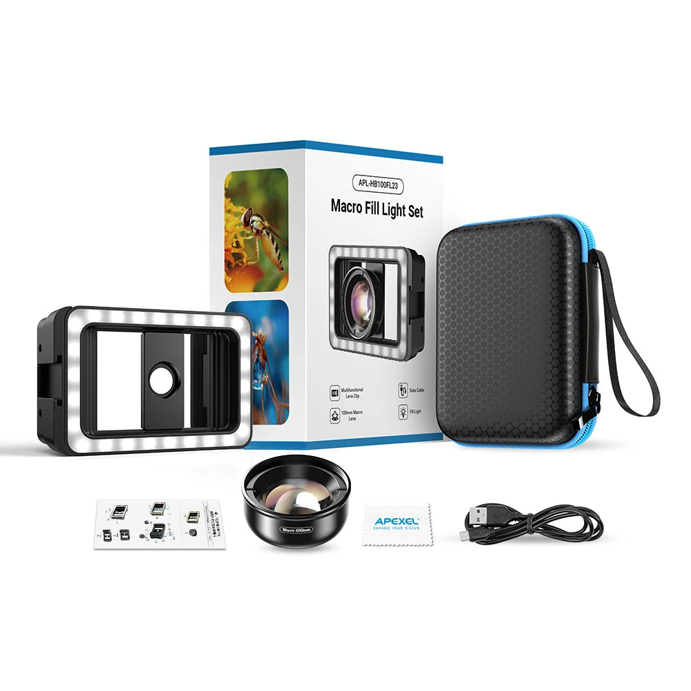 Lente Macro 4K HD 100mm APEXEL con Luz LED para Smartphone