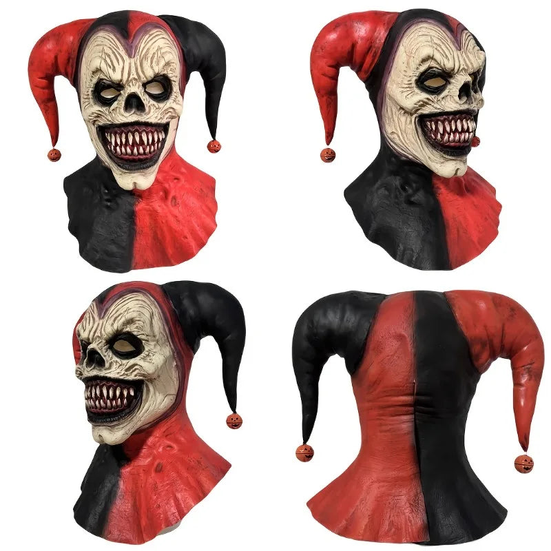 Máscara de payaso amenazante con cuernos, calavera sangrante, Halloween para fiestas de disfraces, casas embrujadas con pendientes de campana, colgantes de calabaza
