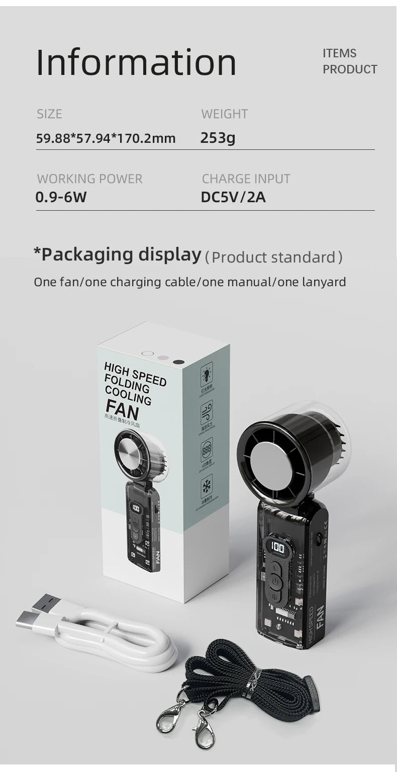 Ventilador de refrigeración plegable de alta velocidad, mini ventilador de carga USB portátil con pantalla digital, ventilador de mano de alta energía eólica