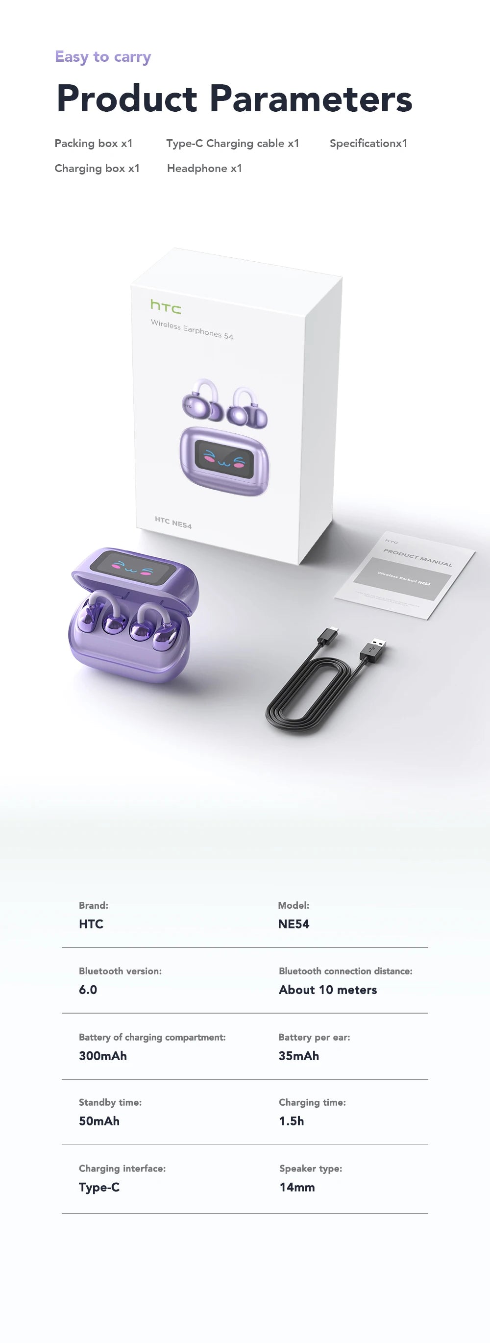 Auriculares Bluetooth HTC NE54 similares a NE32, auriculares inalámbricos con clip para la oreja, Bluetooth 6.0, pantalla táctil a color, sonido HiFi, conducción ósea