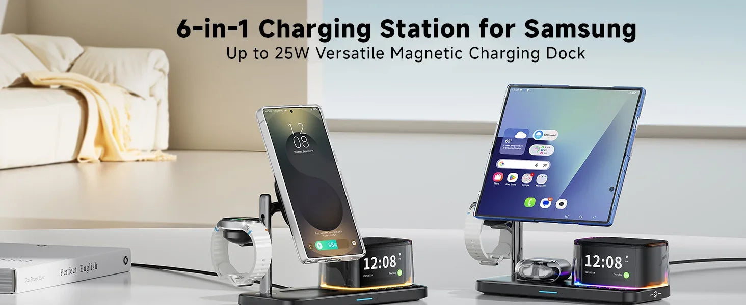 Estación de Carga Inalámbrica Magnética 7 en 1 para iPhone 16~17 Pro Max, Cargador Qi2.2, Altavoz Bluetooth para Apple y Samsung Watch