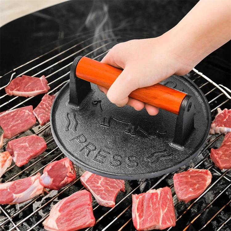 Prensa para tocino LMETJMA, prensa para parrilla de hierro fundido de alta resistencia, prensa para carne y carne con mango de madera, prensa para aplastar hamburguesas de cocina JT277