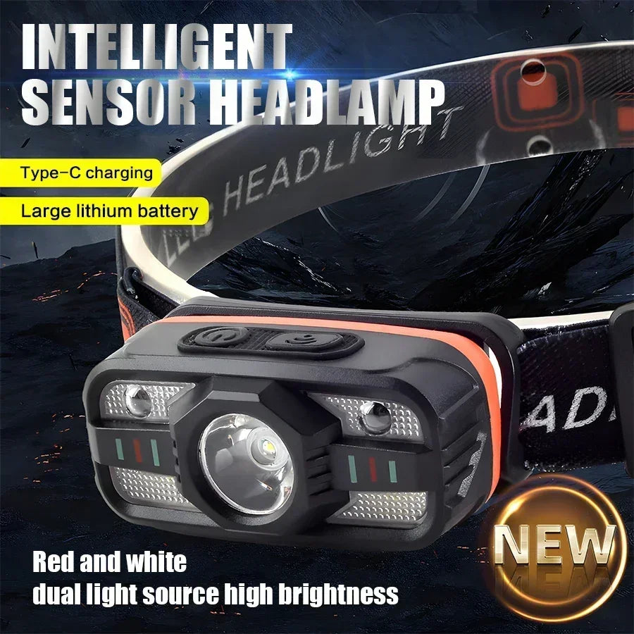Linterna Frontal LED Recargable con Luz Blanca y Roja para Camping y Pesca