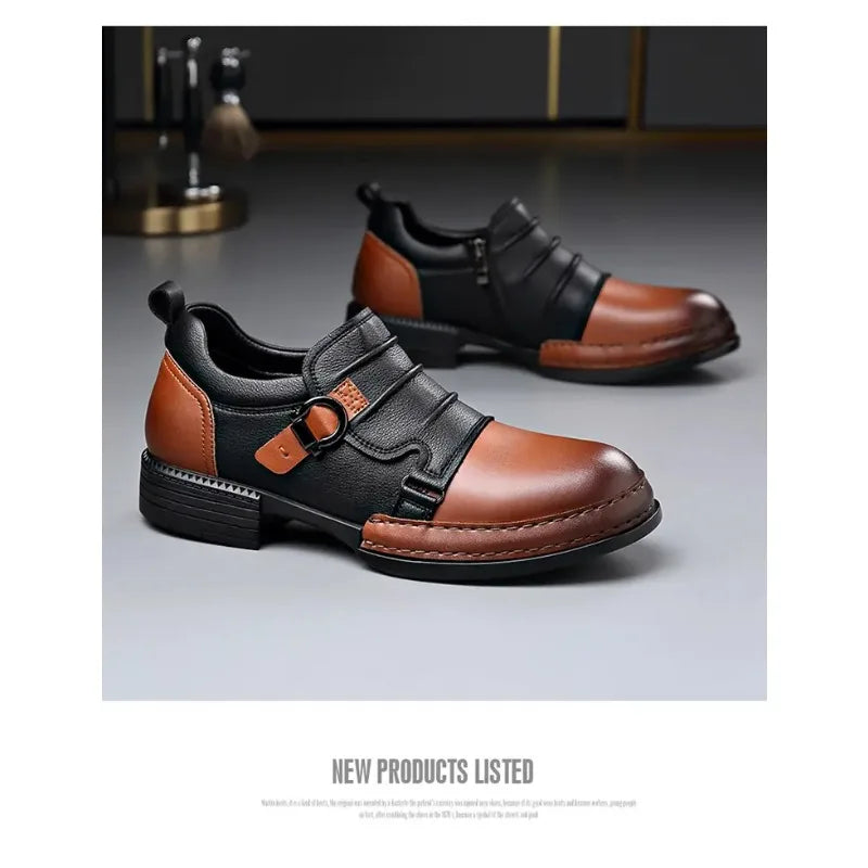 Mocasines con hebilla y cremallera para hombre, cuero genuino, tacón cuadrado