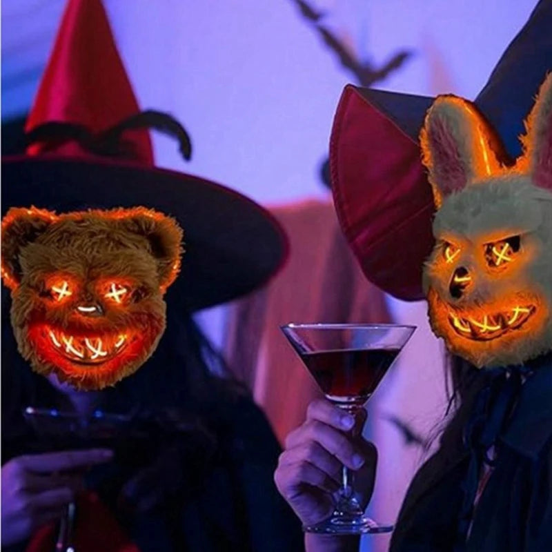 Máscara con brillo LED para Halloween, accesorios de terror, conejo sangriento y oso, simulan la piel, divertido disfraz de Cosplay, decoración de fiesta