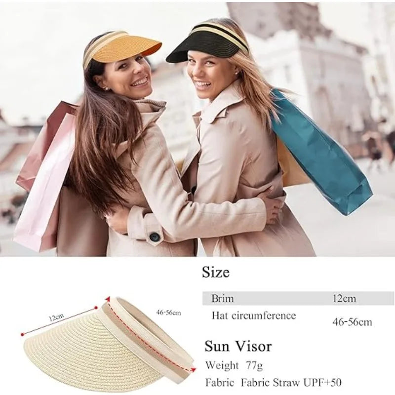 Sombrero de Paja para Mujer con Ala Ancha, Protección UV, Visera de Playa para Verano con Orificio para Cola de Caballo, para Golf, Viajes y Actividades al Aire Libre