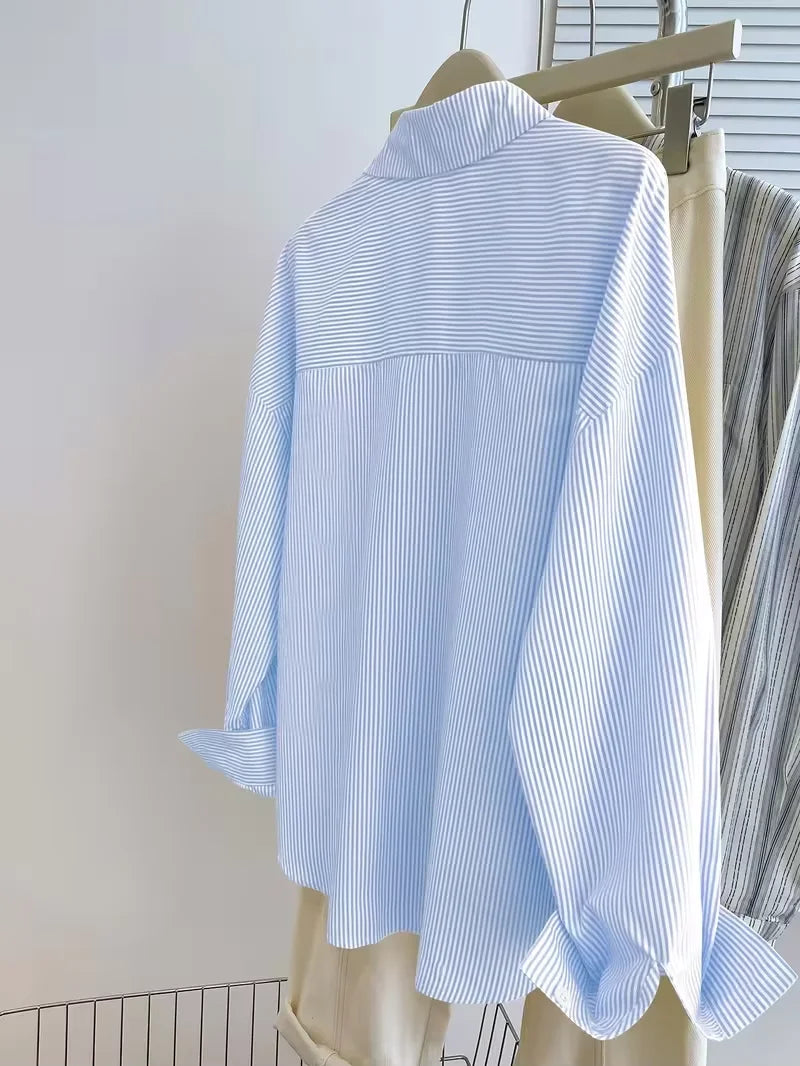 Blusa de Manga Larga con Botones y Estampado a Rayas