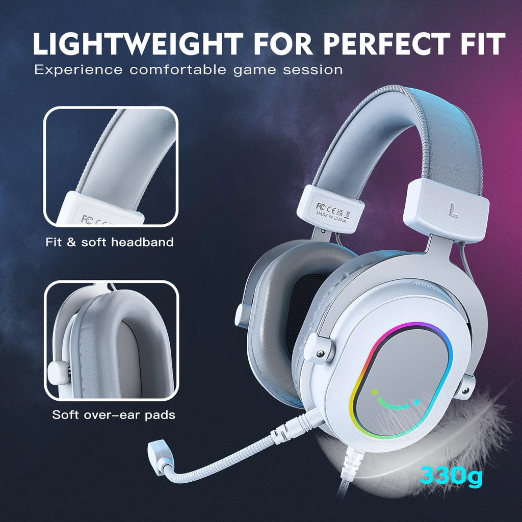FIFINE RGB Auriculares para juegos con sonido envolvente 7,1/3-EQ/MIC, auriculares supraaurales con control en línea para PC PS4 PS5 Ampligame-H6W
