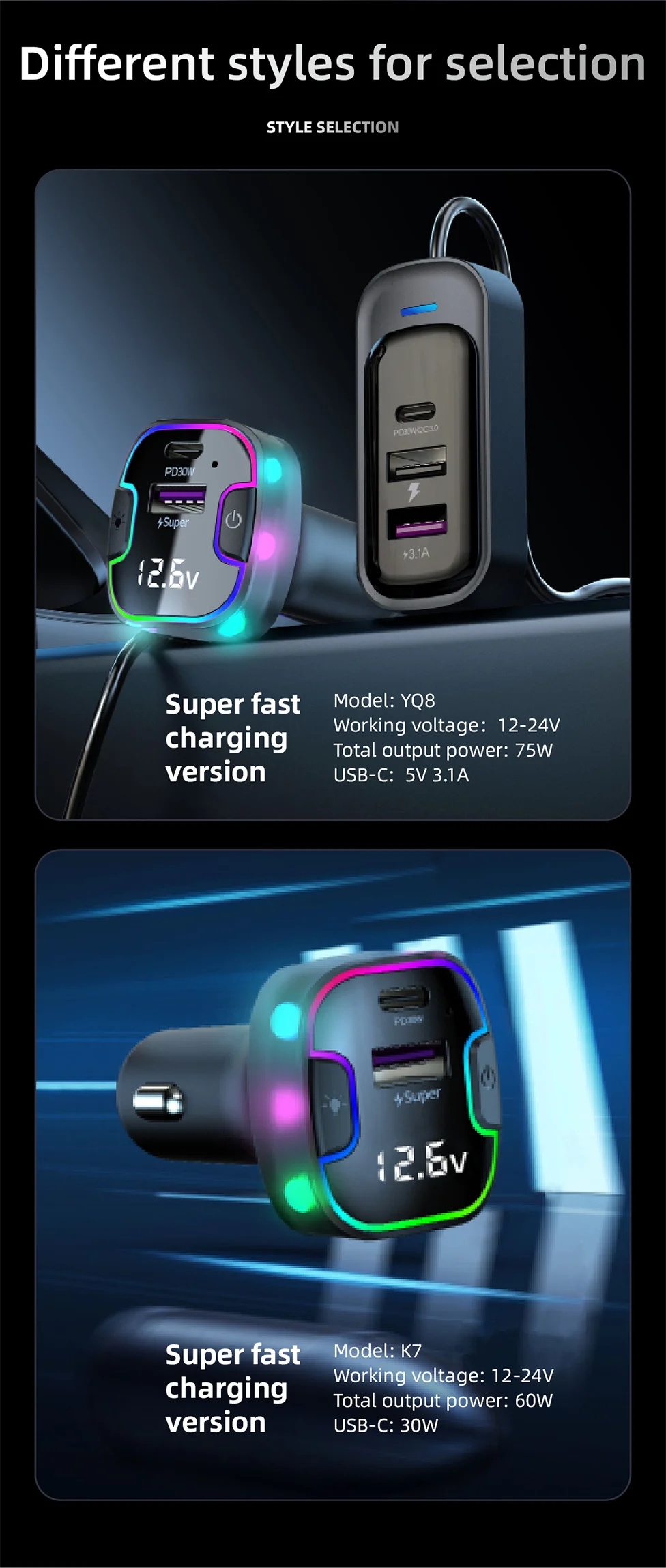 Cargador de Auto PD30W 5 Puertos con USB-C y Extensión para Asientos Traseros