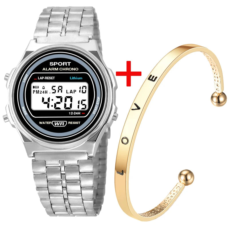 Reloj electrónico LED informal para mujer, correa Retro de acero inoxidable, reloj Digital LED para mujer, reloj de pulsera deportivo multifunción
