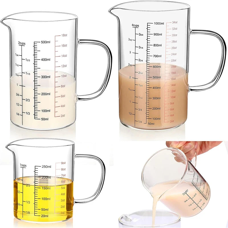 Tazas medidoras de vidrio de borosilicato alto, taza de escala de vidrio transparente con mango, boquilla en forma de V, vaso medidor de vidrio para cocina
