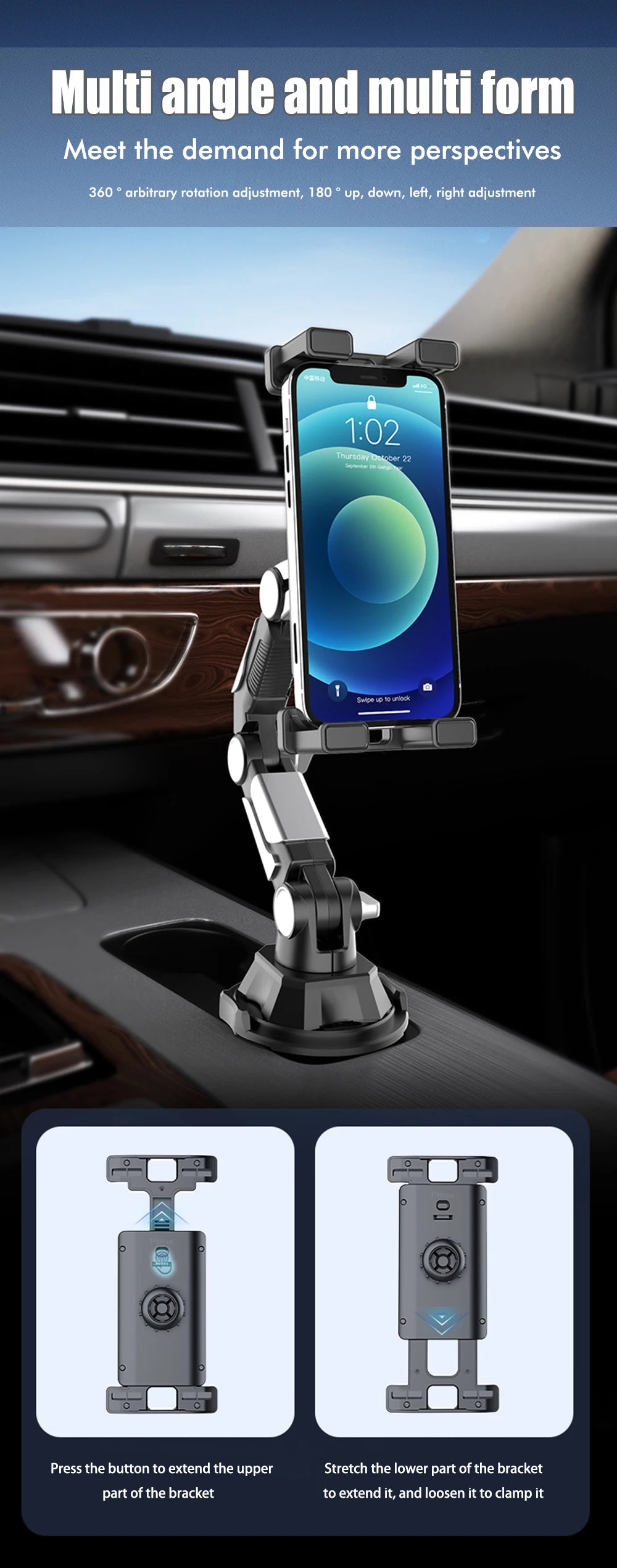 Soporte para Vasos de Coche con Rotación de 360 Grados, Soporte para Vasos de Coche con Articulación Larga, Soporte para Teléfono Móvil, Tableta y Ordenador