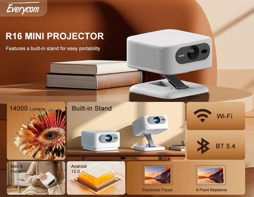 Proyector de Gafas 3D Everycom R16 Mini+Two Rojo y Azul, Versión Android, 14000 Lúmenes, Cine en Casa