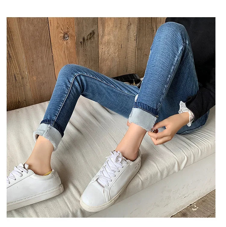 Pantalones Vaqueros Ajustados de Terciopelo para Mujer, Cintura Alta, Invierno