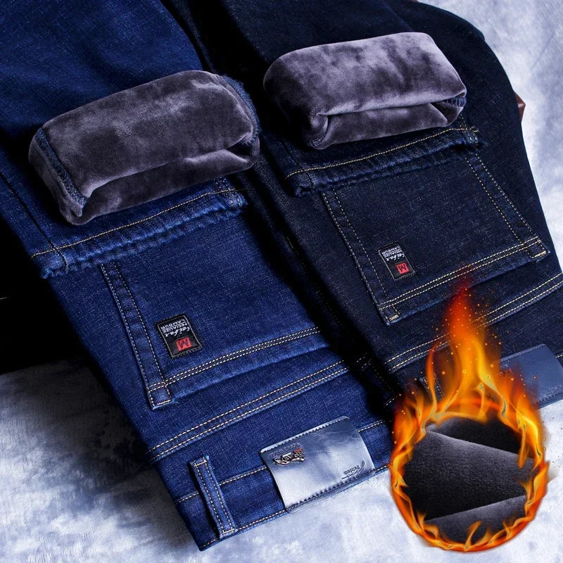 Pantalones Vaqueros de Lana Cálidos para Hombre, Gruesos, Negro y Azul