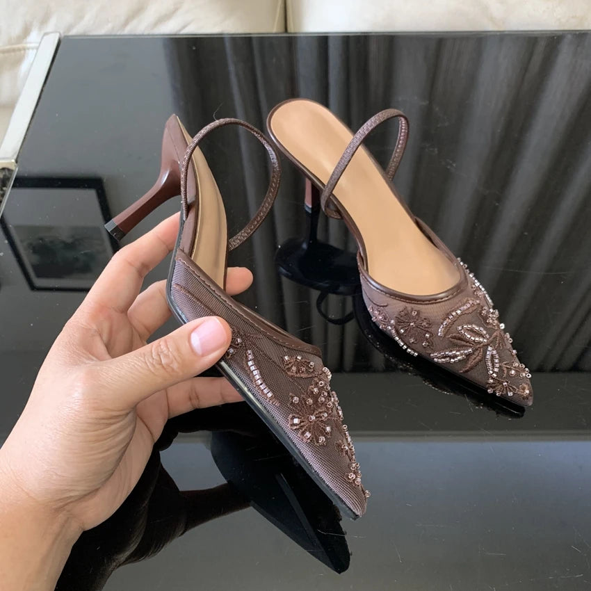 Sandalias de Tacón Alto con Malla Bordada y Cuentas para Mujer
