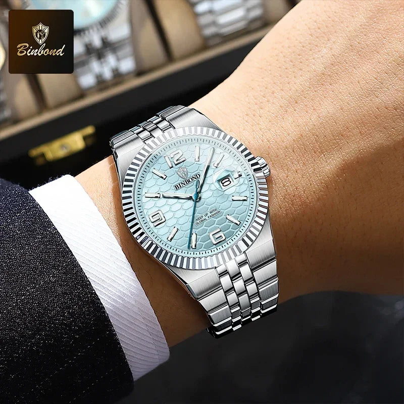 Reloj de Cuarzo BINBOND para Hombre, Esfera Luminosa, Acero Inoxidable