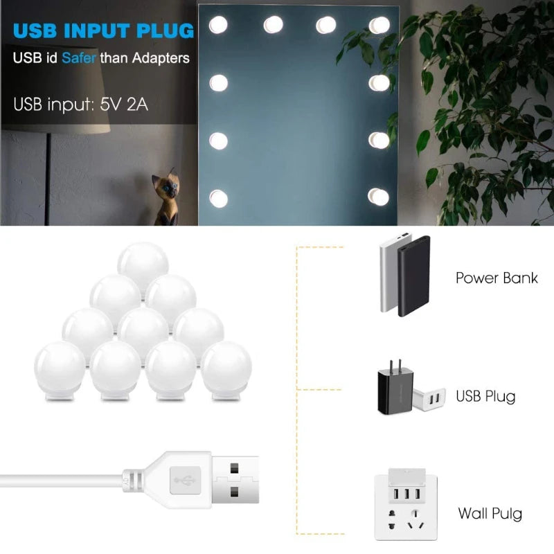 Bombillas de espejo, luces de tocador USB de 5V, iluminación de tocador de baño, luz LED de tocador regulable para espejo de maquillaje, luz LED