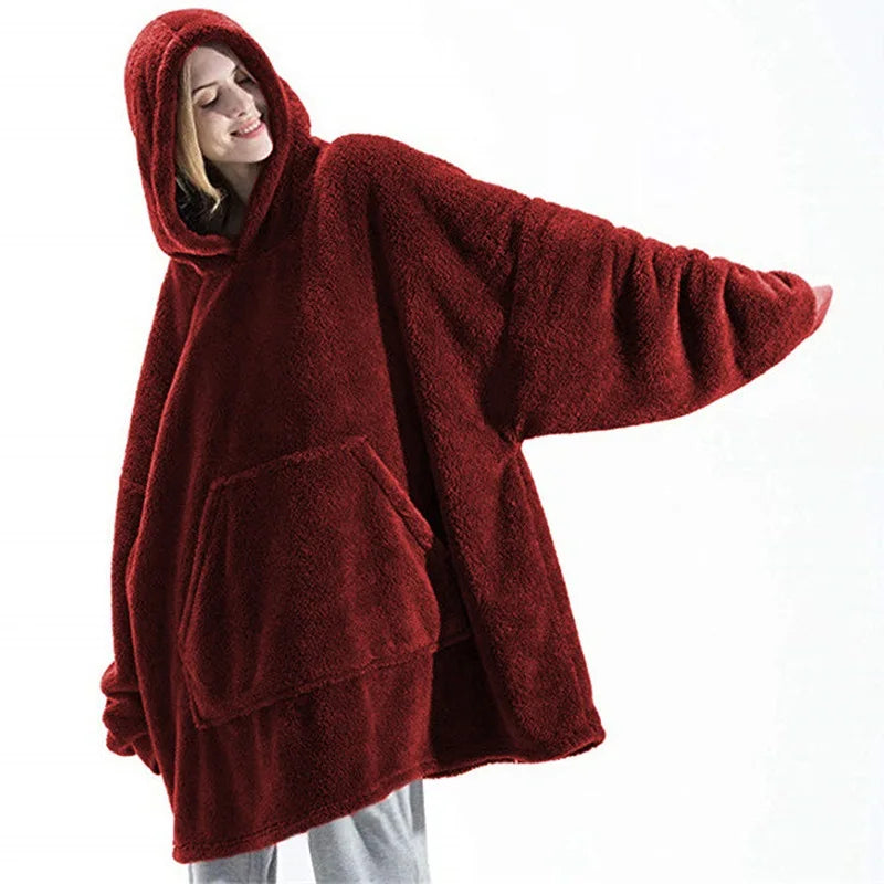 Sudadera con capucha de lana de doble cara para mujer y hombre, manta de gran tamaño con Bolsillo grande, sudaderas sueltas cálidas para pareja, bata de invierno 2024