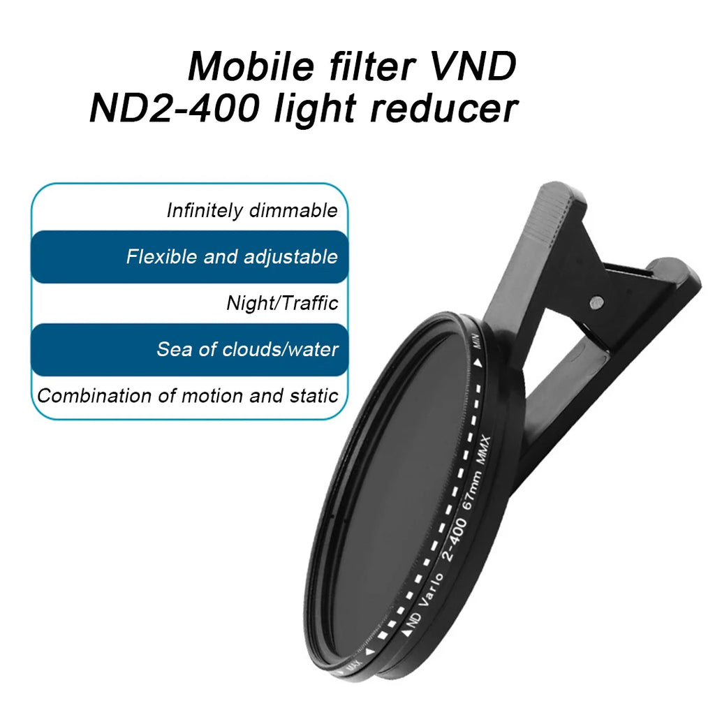 Filtro ND Variable 67MM ND2-400 con Clip para Teléfono