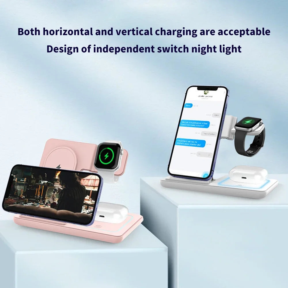 Luz LED nocturna 3 en 1, cargador inalámbrico, soporte plegable para iPhone, Samsung, Apple Watch 2-11 SE, Airpods Pro, estación de carga rápida