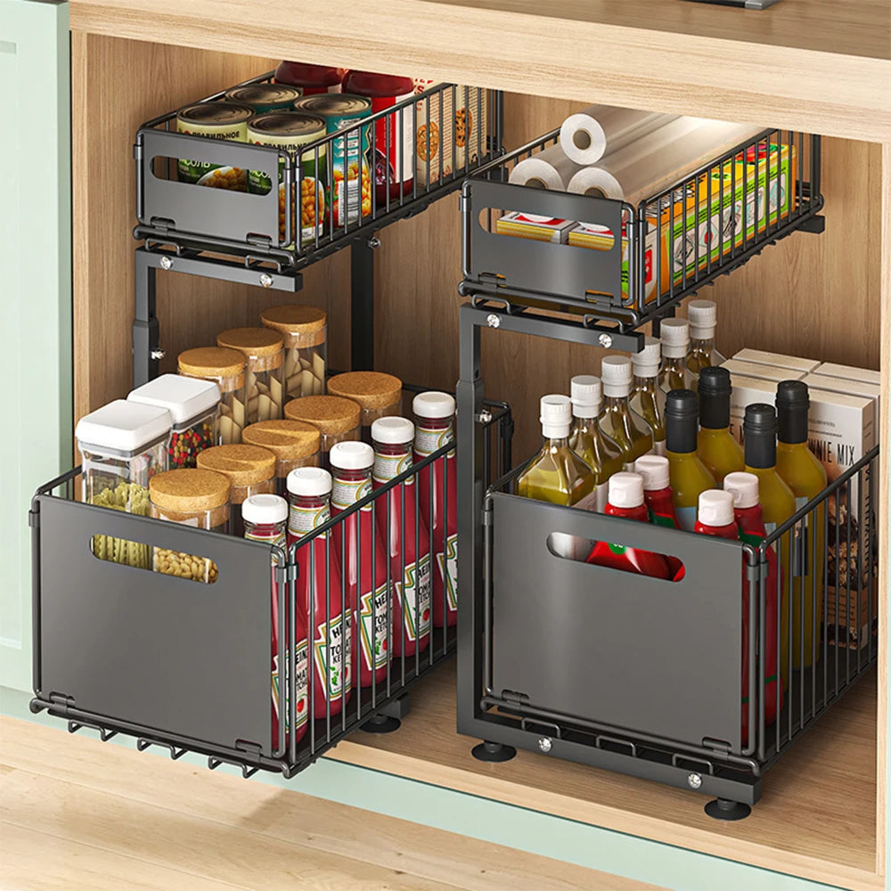 Organizador de gabinete extraíble de 2 niveles, estante de almacenamiento de cocina ajustable, organizador debajo del fregadero, estante de almacenamiento para tarros de especias, cajón deslizante