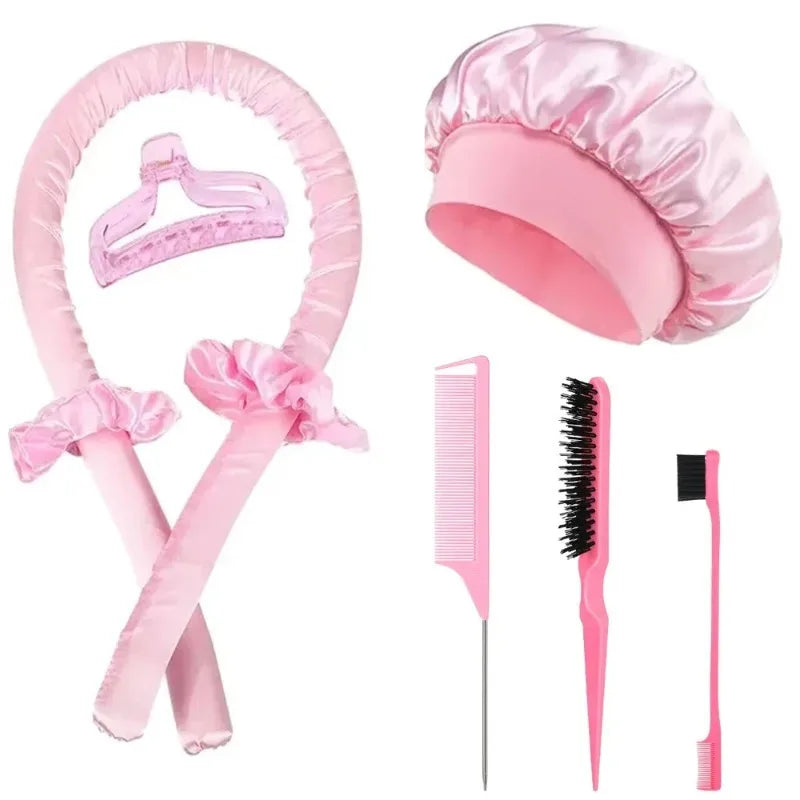Juego de rizadores sin calor de 3/5/8 piezas con gorro de satén para dormir, pinzas para el cabello, peine y lazo para el cabello, herramientas de peinado sin calor para mujer para uso nocturno
