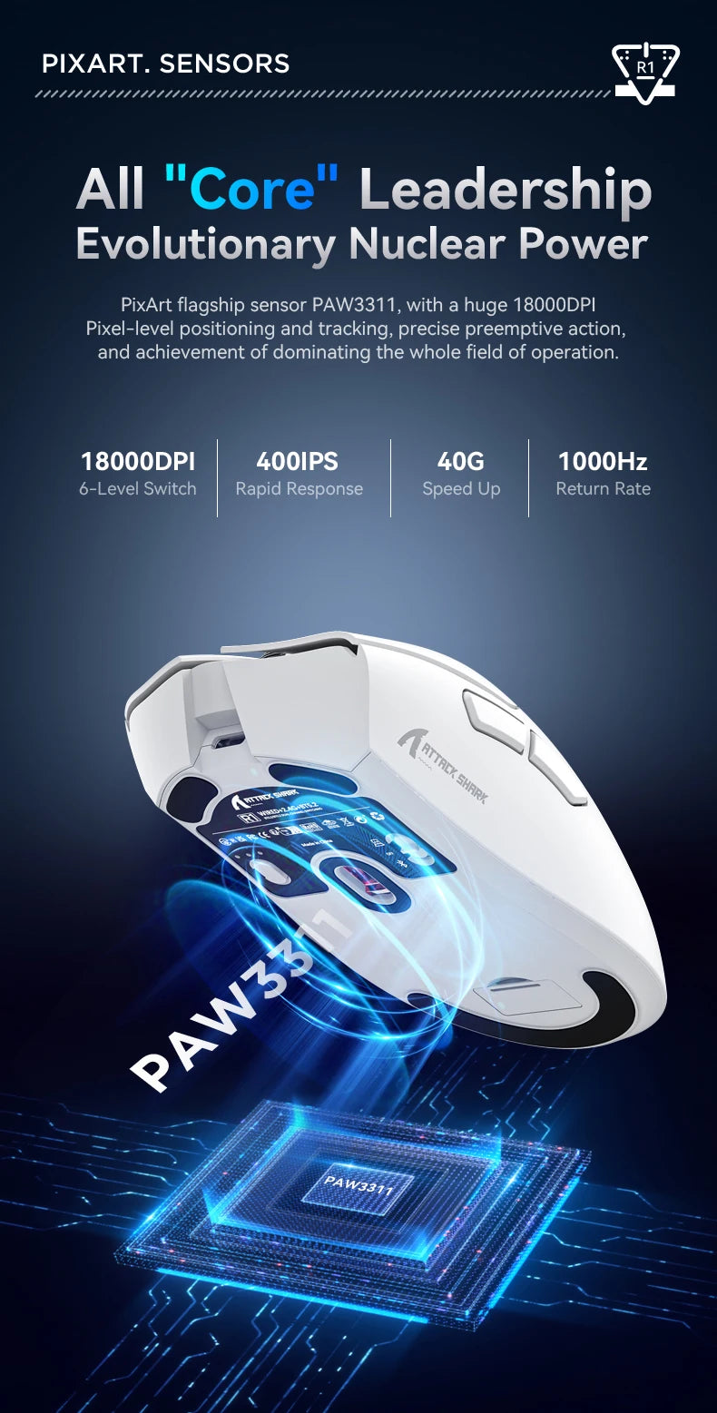 Ratón inalámbrico para juegos Attack Shark R1/X11, 18K DPI PAW3311, ergonómico, ligero, triodo Bluetooth 2,4 GHz USB, para PC/portátil