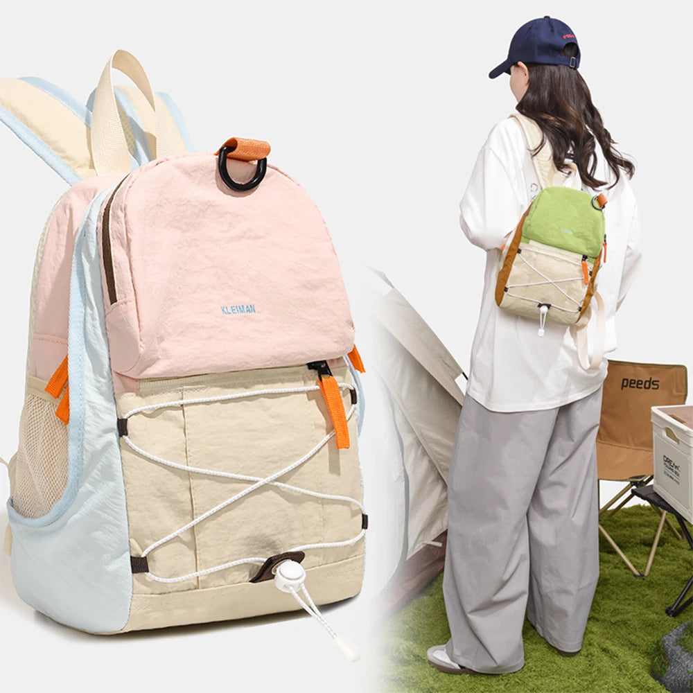 Mini Mochila de Nailon con Bloques de Color, Mochila Ligera con Cordón Elástico, Bolsa Resistente para Senderismo y Uso Diario