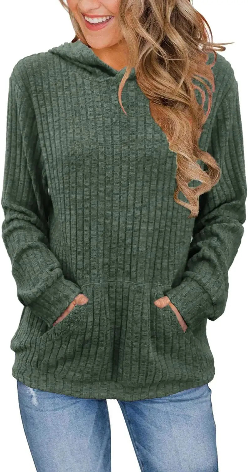 Sudadera casual de manga larga con capucha acanalada de color sólido para mujer de talla grande con bolsillos