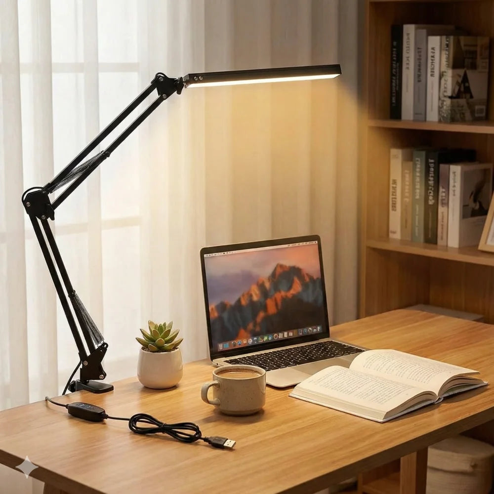 Lámpara LED de Escritorio 10W con Pinza, Brazo Oscilante y 10 Niveles de Brillo