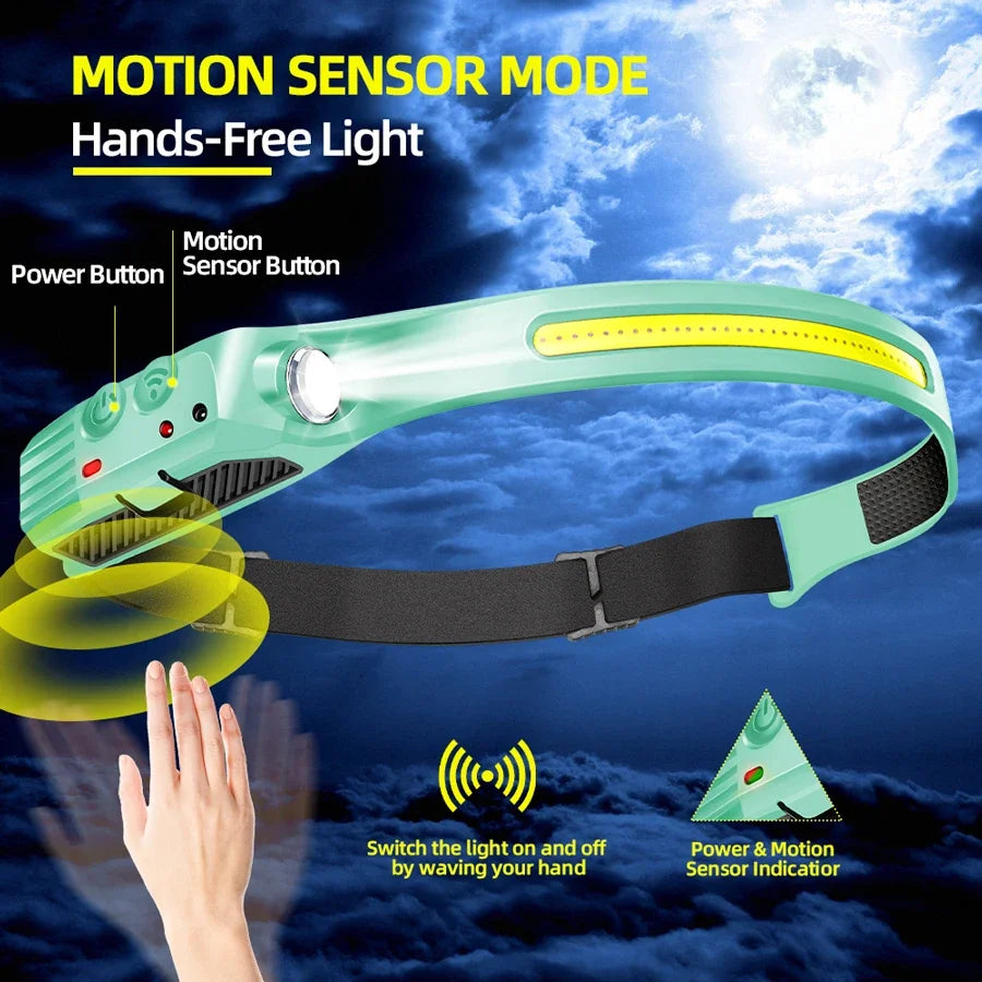 Linterna Frontal LED COB Recargable con Sensor de Movimiento, 5 Modos