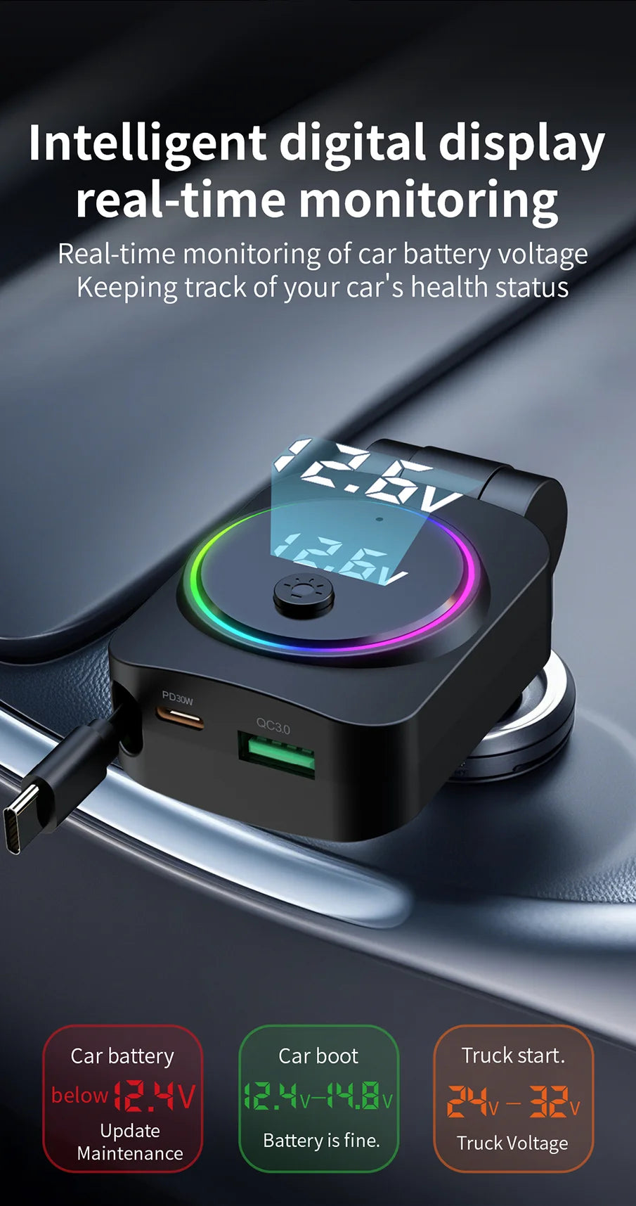 Cargador de Auto Retráctil 60W con Cable Tipo C PD30W y QC3.0 USB