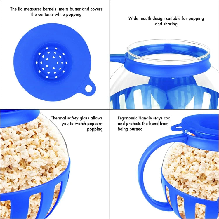 LMETJMA - Palomitero de Vidrio para Microondas de 2.25QT, Resistente a Altas Temperaturas, con Tapa de Silicona, Apto para Lavavajillas